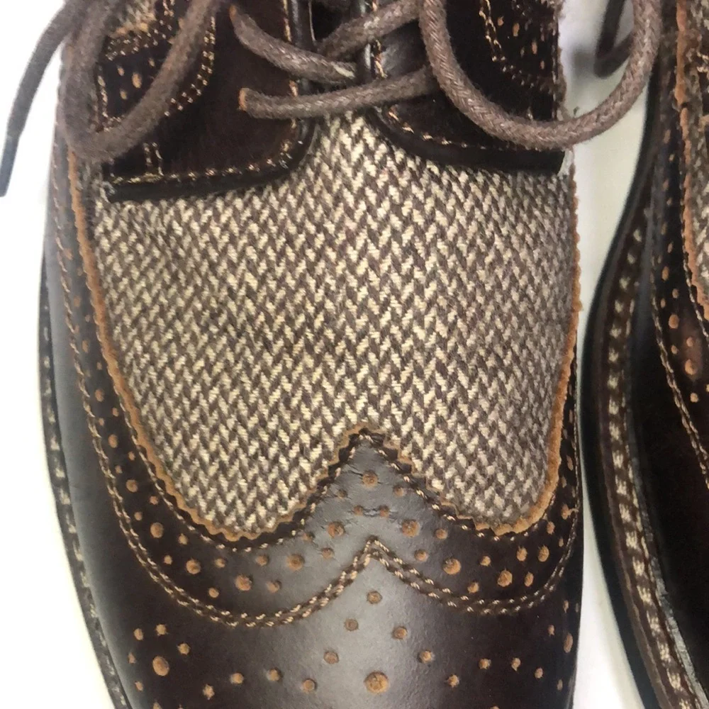 Mens Bremmer 9D Wingtip‎ Oxford Dress Shoes Brown Herringbone Tweed Leather